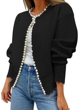 ZESICA OPEN FRONT CASUAL KNITTED LONG SLEEVE PEARLS TRIM